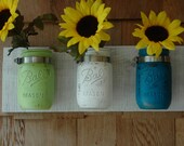 Beach Day Wall Decor Painted Mason Jars trio on whitewashed recycled board bedroom kitchen bathroom decor
