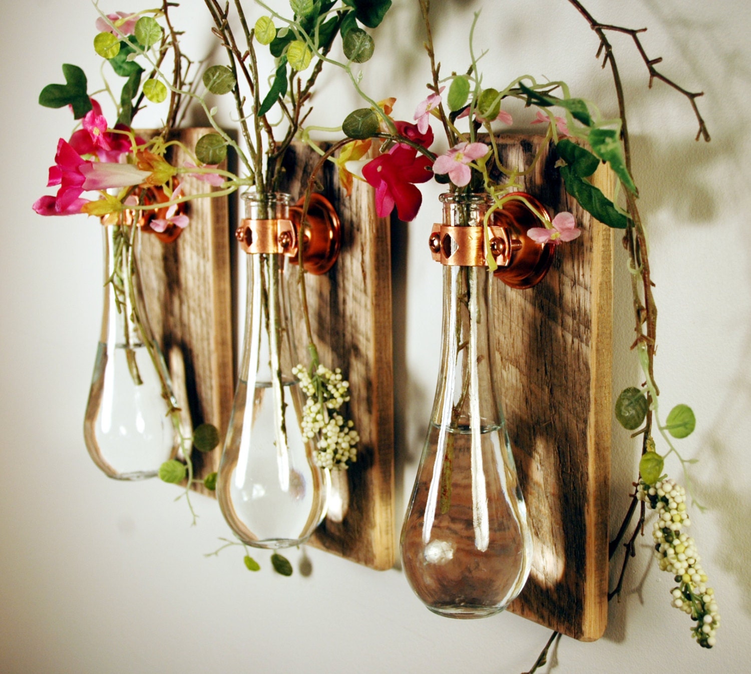 Crystal Clear Teardrop Bottles each mounted on Recycled wood for unique rustic wall decor bedroom decor kitchen decor