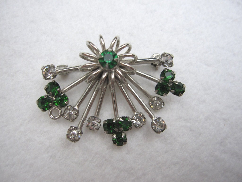 Vintage Sterling Silver atomic sputnik star faux Emerald & Diamond Rhinestone Crystal Brooch Pin Pendant Mad Men something old