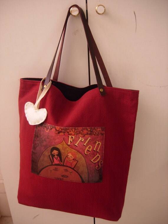 The Coffee Friends- dark red big cotton/hemp, art bag with a waterproof fabric art print on by a Pink Dreamer
