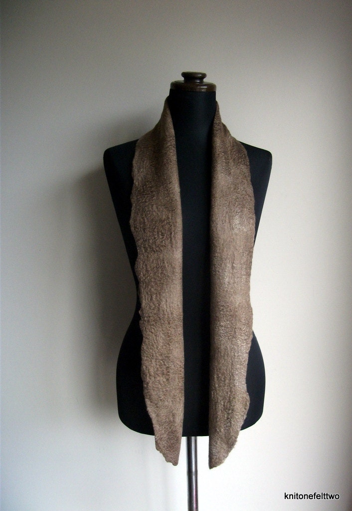 Handfelted light brown hand dyed mulberry silk and merino wool Scarf 'Latte'
