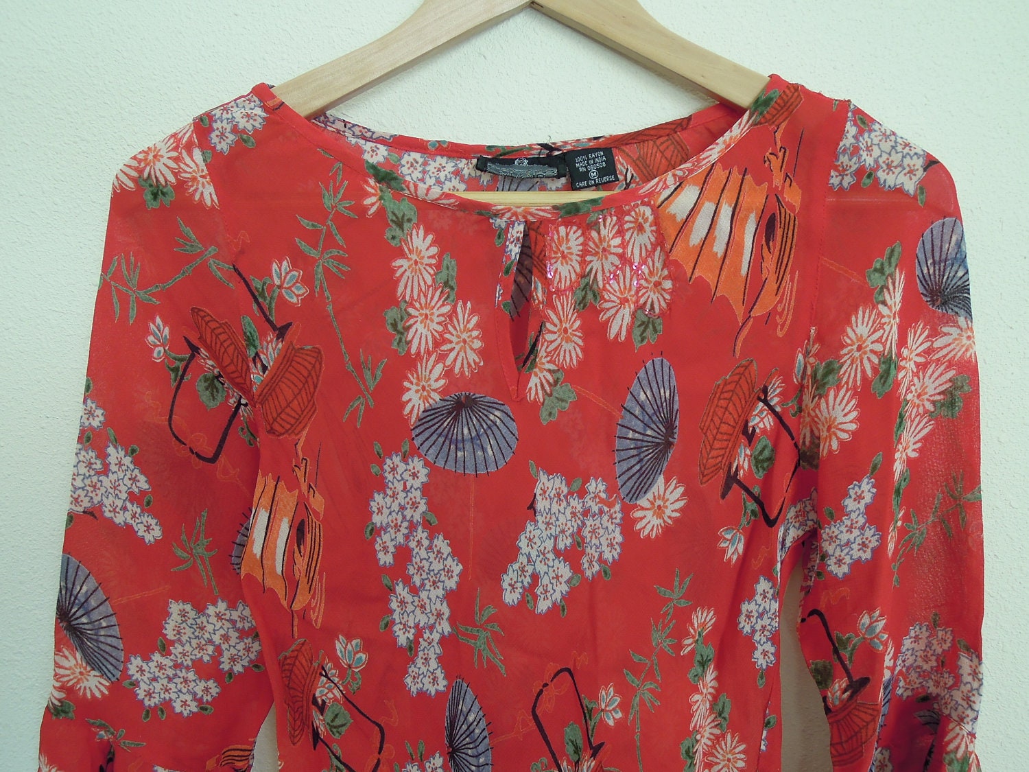 SALE Vtg 90s Sheer Cherry Blossom Parasol Red Ruffle Blouse