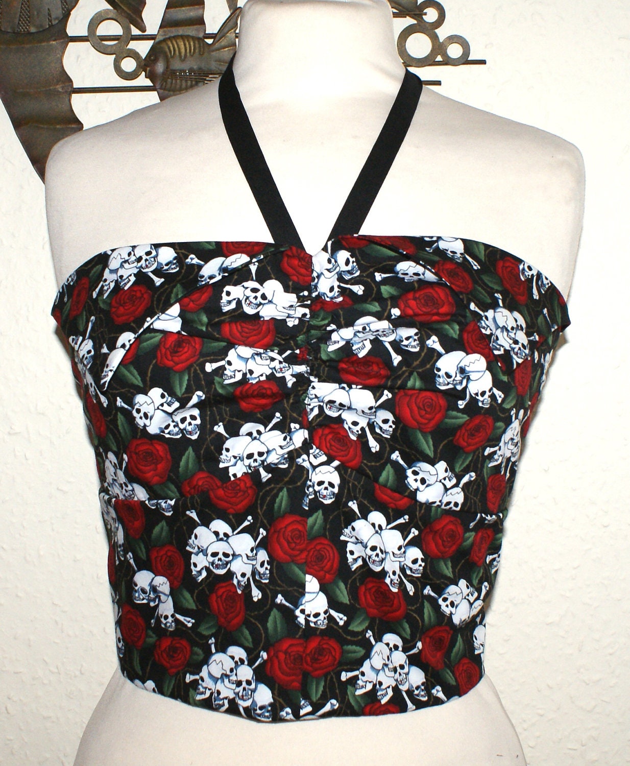 vintage 1950s inspired repro sun top bustier in skulls and roses print M L  Viva High rockabilly pinup