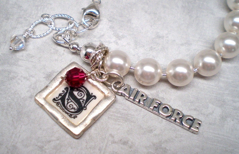 Personalized pearl bracelet or silver necklace AIR FORCE Military name charm MOM deployment crystal customized wording Treasures Collection
