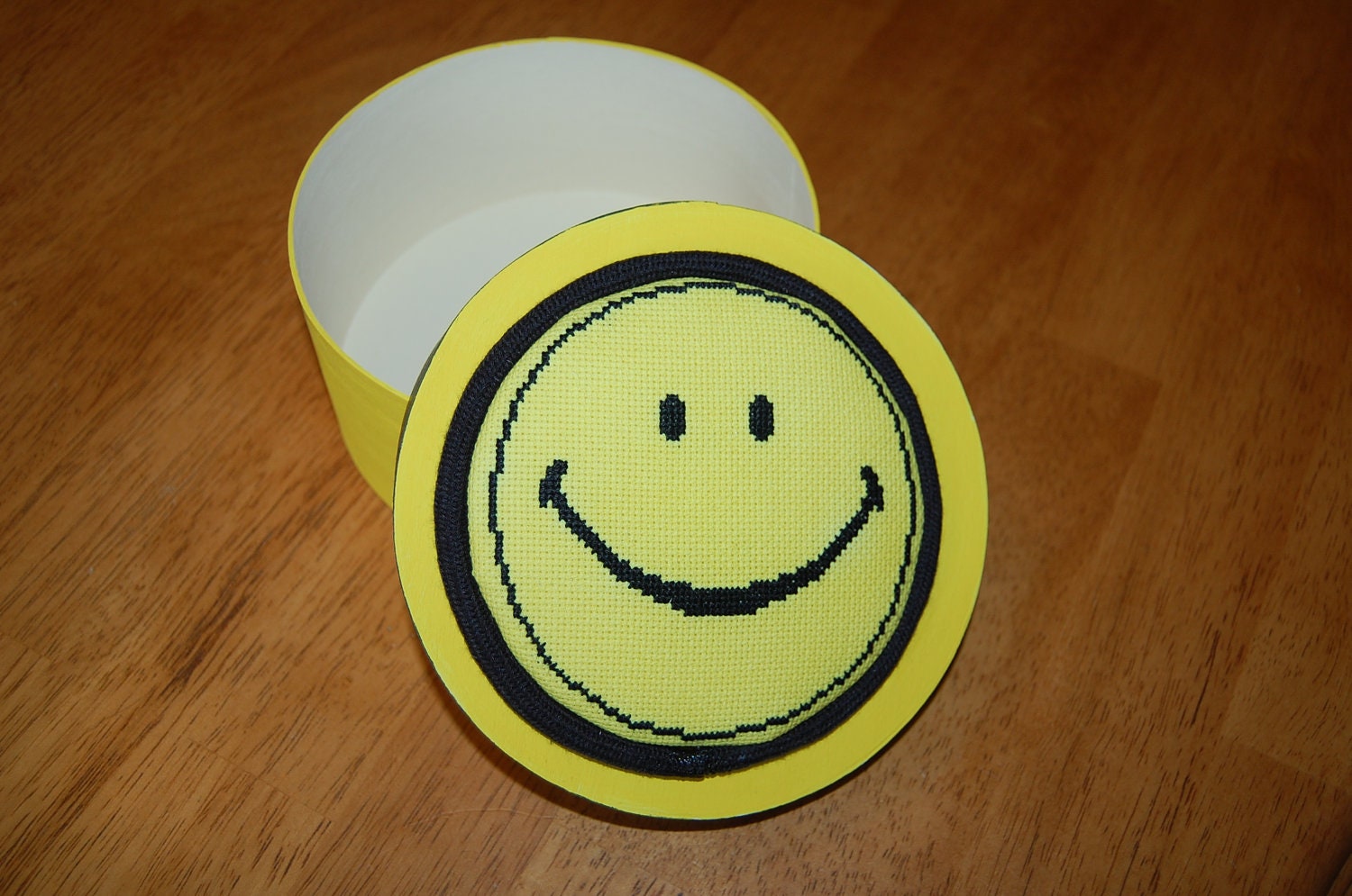 Smiley Face Cross Stitch Round Box