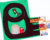 Race Car Track kids Wallet (holds 3 cars), Quiet Fold & Go Travel Toy, Tan Farm Tractor Fabric