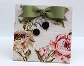 Magnetic Message Board, Free Standing, Magnet Photo Holder, Cream, Pink & Green Rose Print, Green Bow, Burgundy button magnets