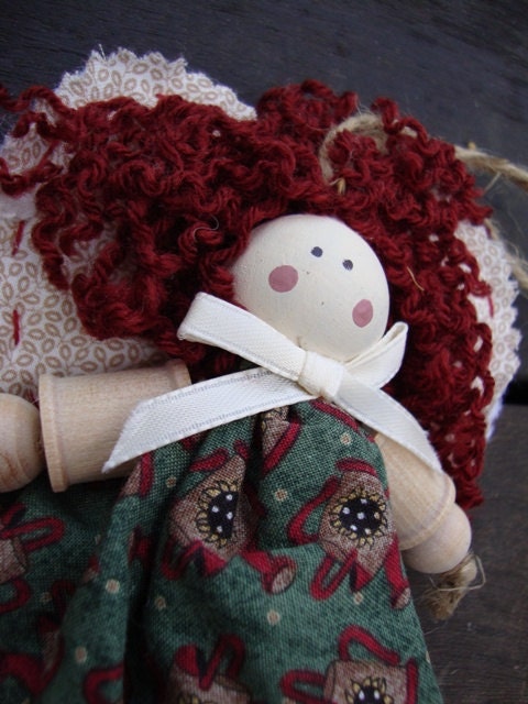 Handmade Doll with Wooden Body Arms and Legs Winter Holidays Christmas Ornament Cotton Fabric