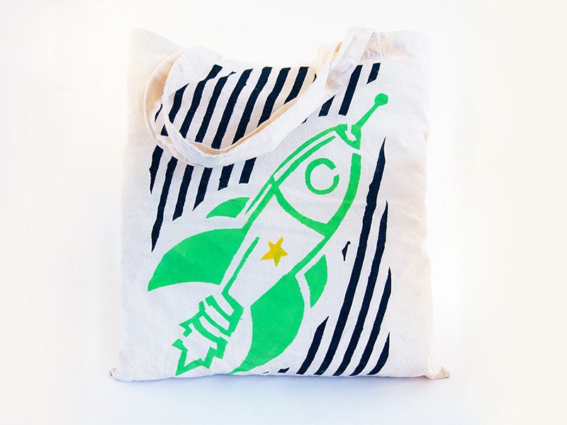 Tote Bag Rocket Ship with Stripes Handprinted Canvas Shopping Purse Unisex for Man Woman