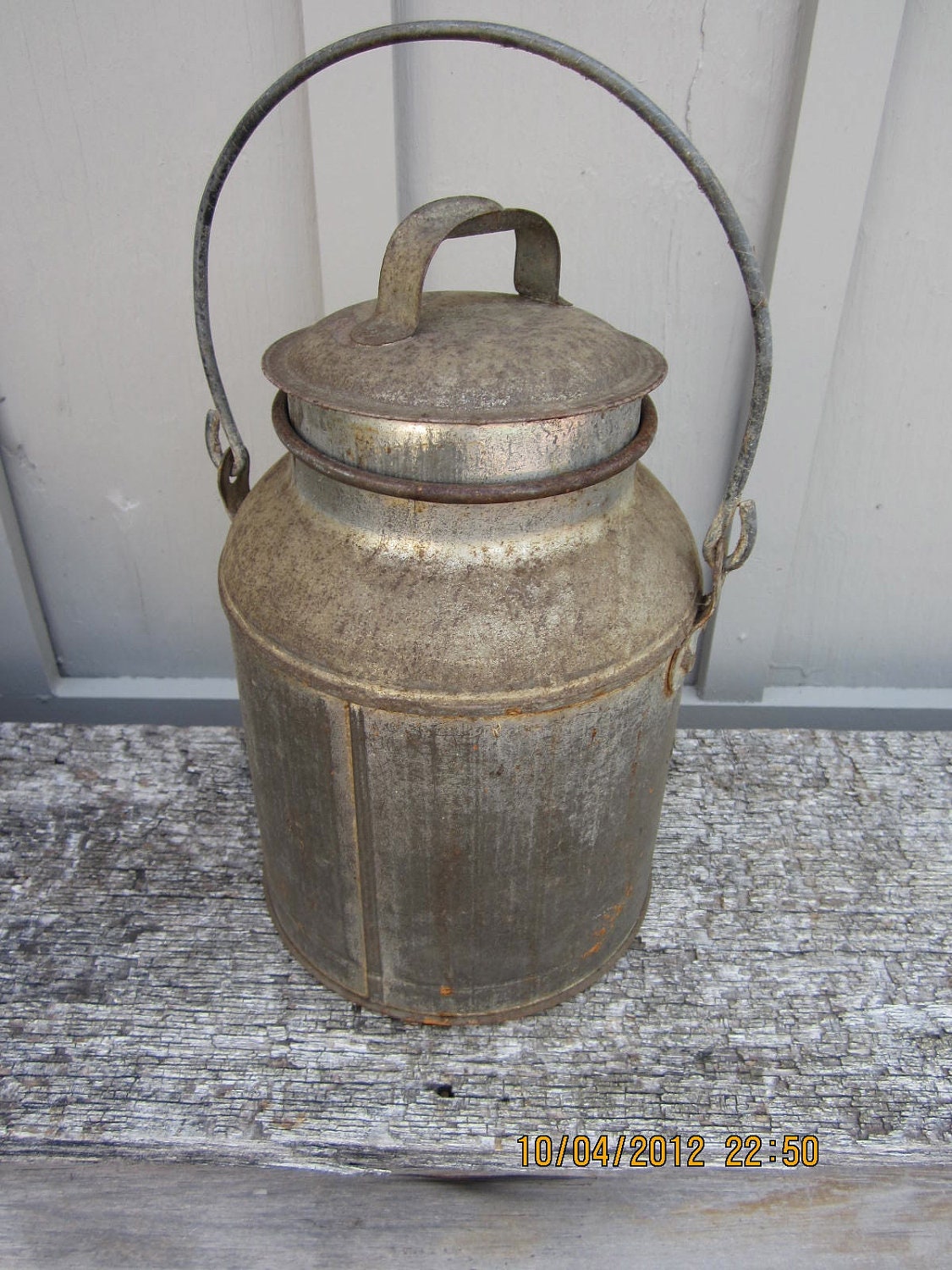 Vintage very old Aluminum Milk Can bucket with by WestofChelsea