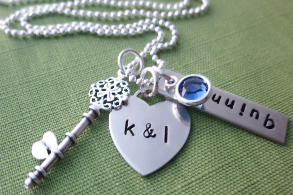 First Mother's Day - Tiffany Heart with Initials and 1 Name Tag - Sterling Silver Key Charm - Personalized Mom Jewelry