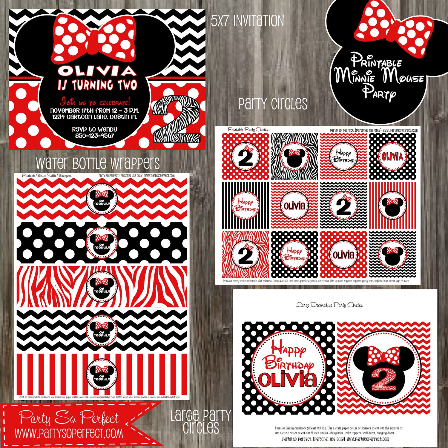 Minnie Mouse Red and Black Birthday Party Package - Girl DIY Printable Il_570xn