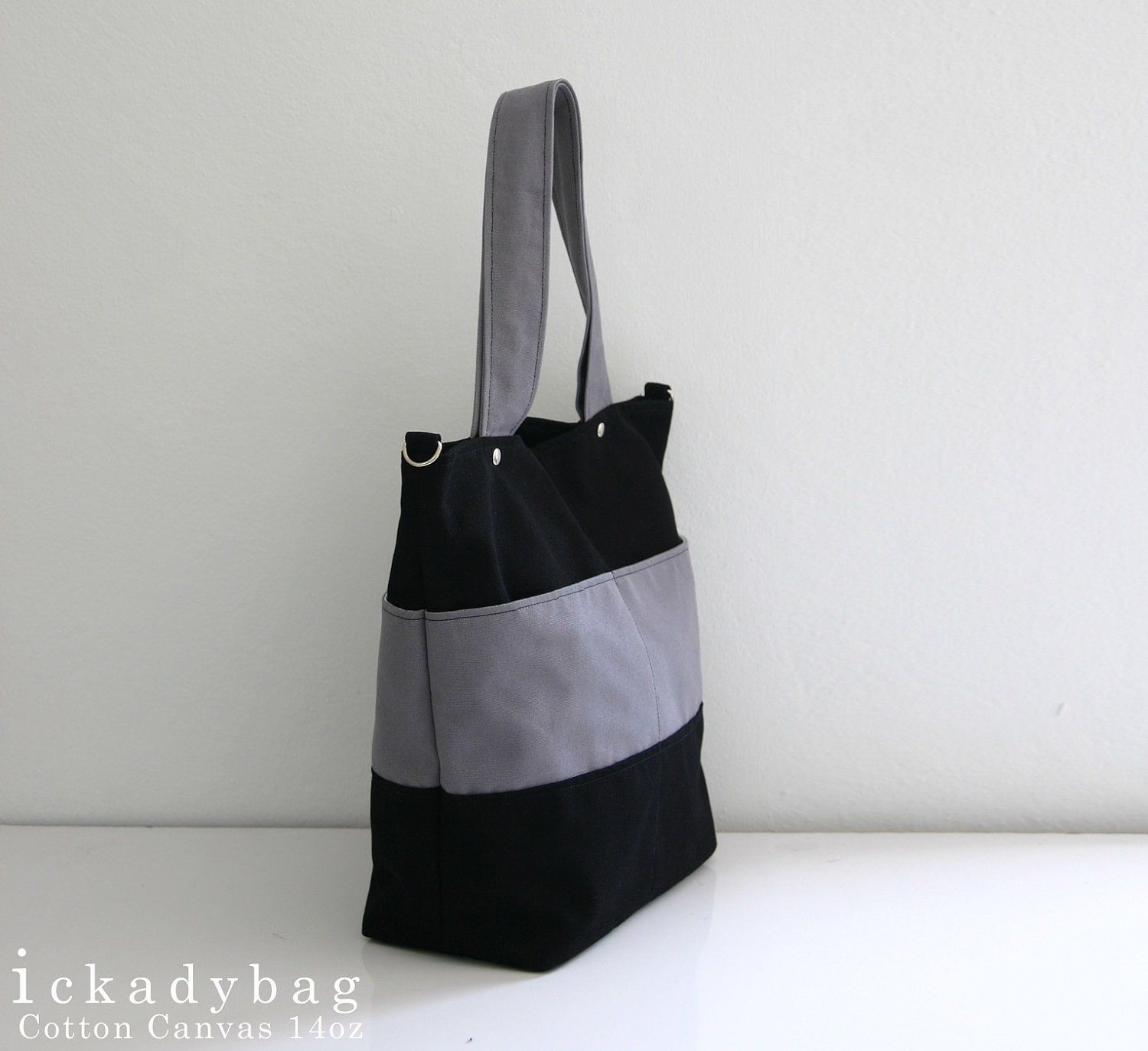 SALE - Unisex Black and Grey Canvas Bag / Tote / Diaper Bag / Messenger/ Laptop / Travel / Handbag - 4 Exterior Pockets