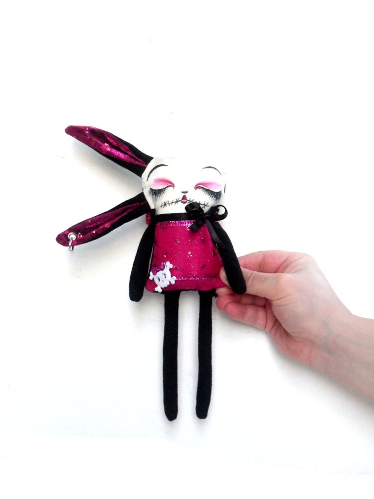Art Doll Stuffed Plushie Soft Sculpture The Original Handmade Hand Painted Miniature Oddling Bella the Zombie Bunny