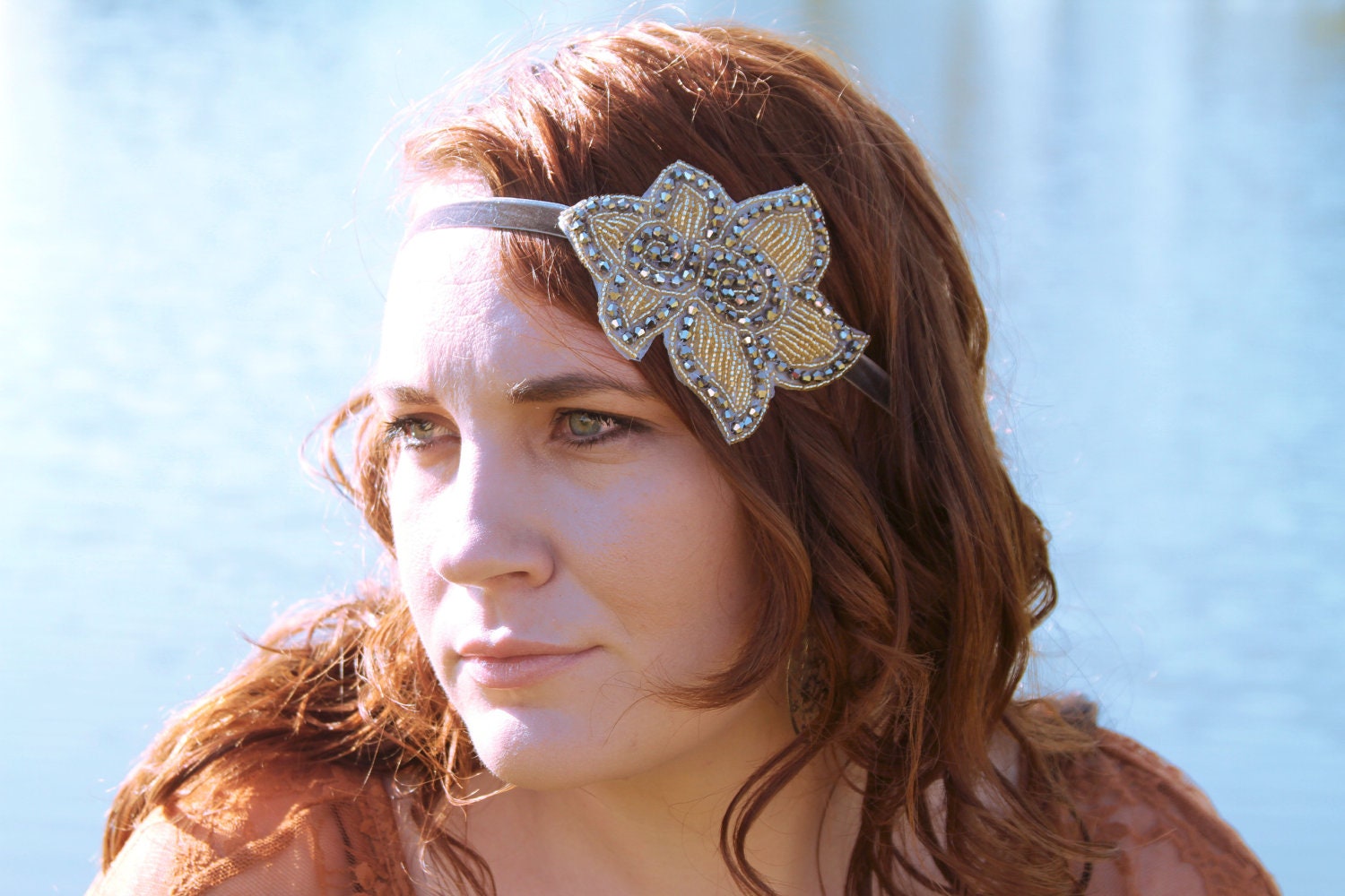 Beaded Flower Headband in Gold and Silver, Flapper Tie Headband for Women & Teens by Flower Couture