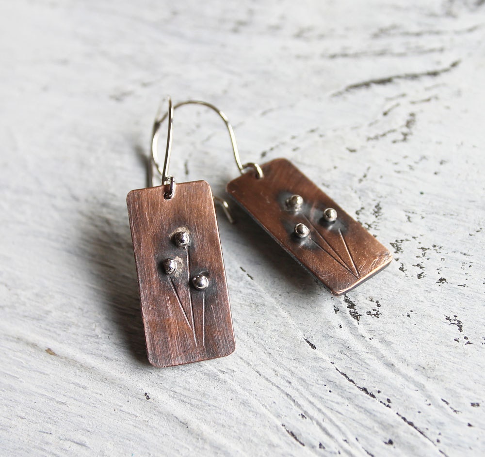 Copper Sterling Silver Rustic Patina Dangle Earrings Floral Metalwork Jewelry