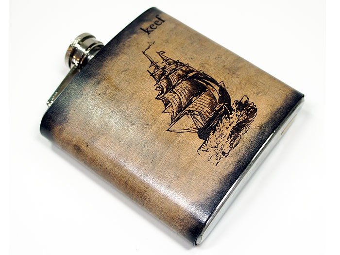 6oz Stainless Steel Flask with Custom Leather Sleeve - Black