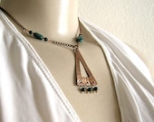 Textured Copper Triangle with Dark Green Bead Dangles on Copper Chain Necklace