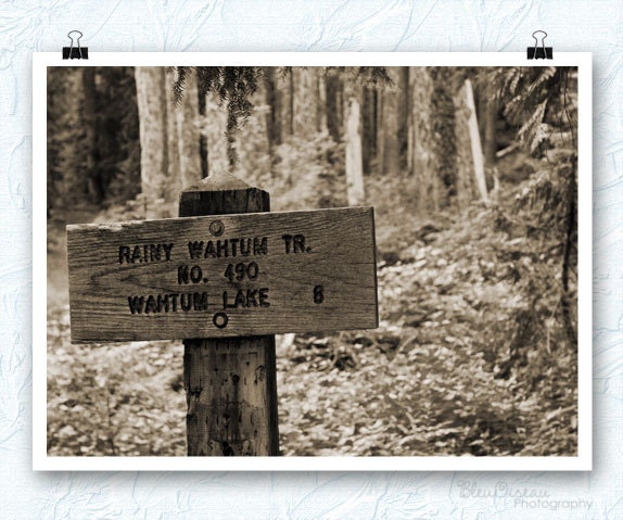 Trail photography, woodland, sepia tone, trailhead sign, oregon,  8x10 fine art print