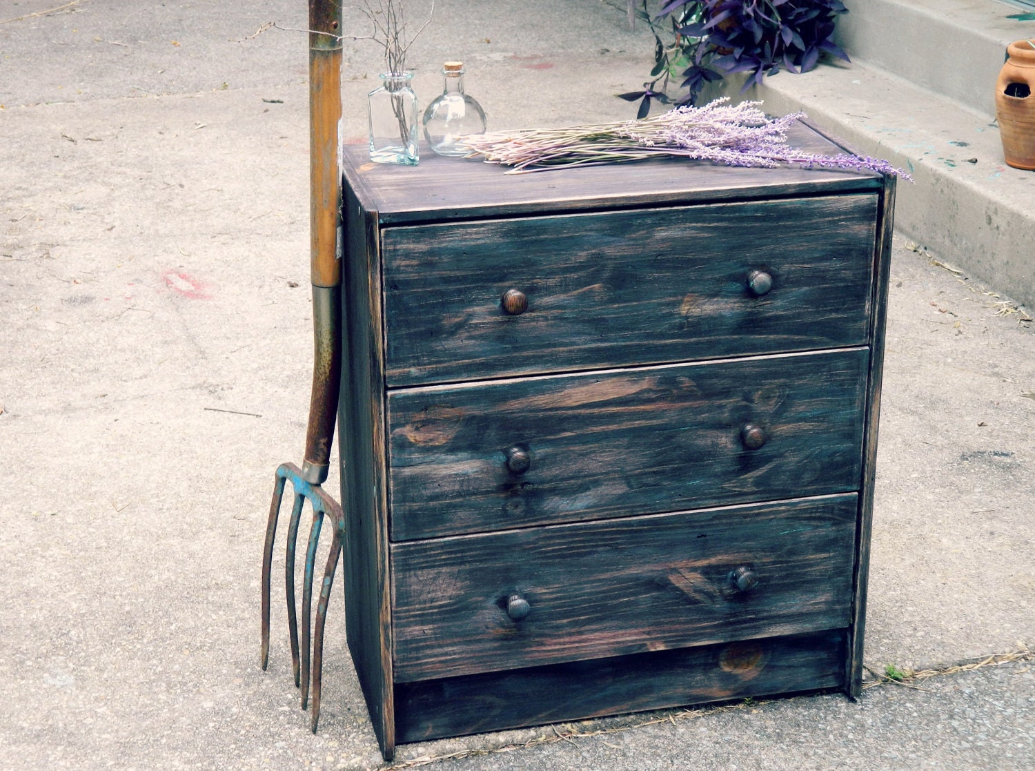 Hand Painted furniture Imitative Wormhole  Crack Old fashioned  Country 3 drawer Chest  black cherry  patina