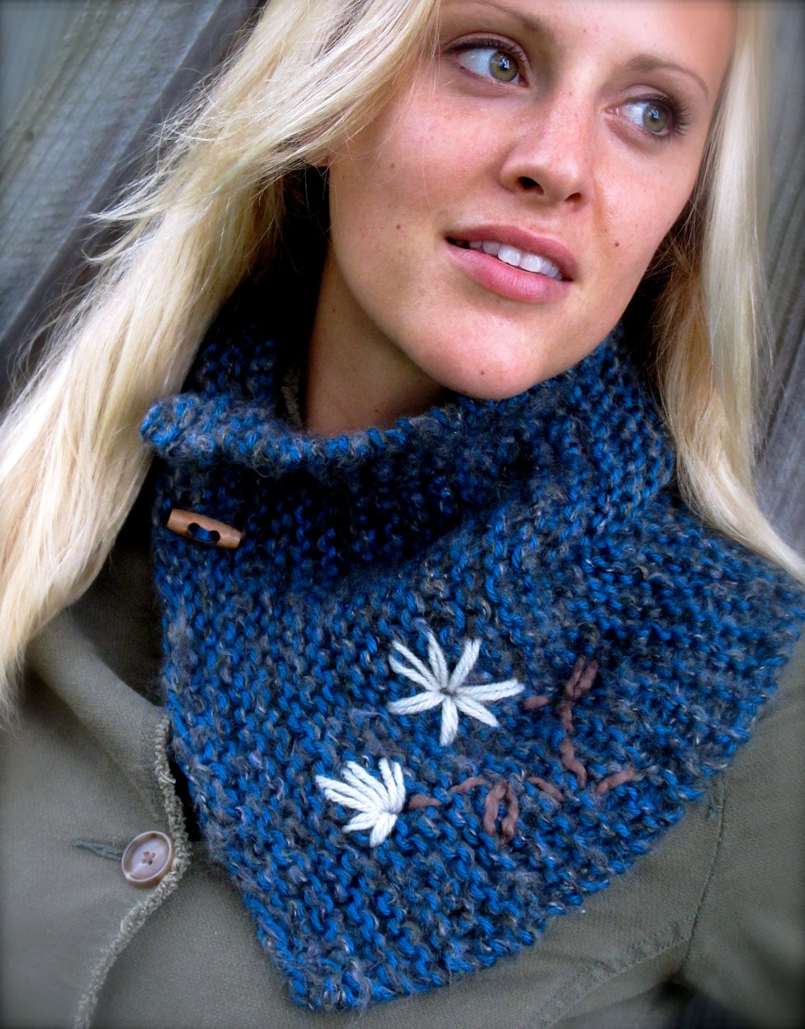 Cobalt Blue Skies, Hand knit Cozy wool yarn Cowl, Scarflette, Royal cobalt blue Scarf, embroidered flowers, OOAK, toggle buttons