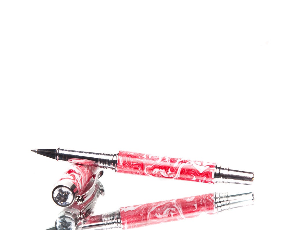 Rollerball Pen Red White Swarovski crystals, highest quality writing pens