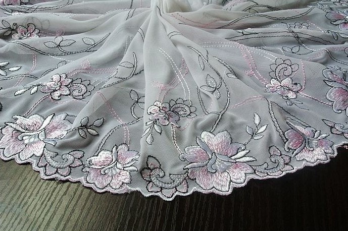 2 Yards Lace Trim Light Pink Floral Embroideried White Tulle Lace 10.23 Inches Wide