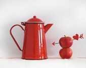 Red kitchen,large French vintage enamel teapot, red passion enamelware coffee pot