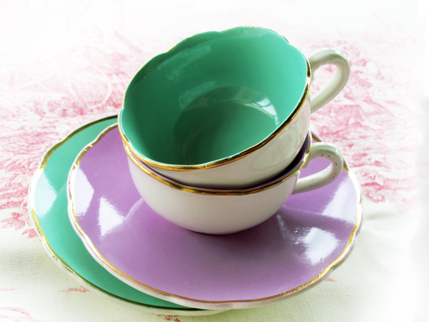 RESERVED for S. Set of 2 Pretty french  vintage cafe au lait Cup and saucers, DIGOIN,  White and lilac ans white and green, Teacups