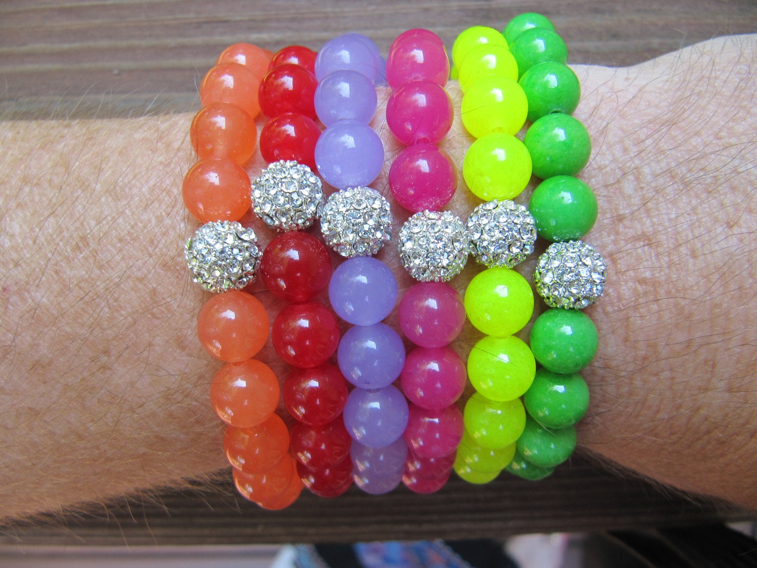 Silver Pave Bead Stretch Bracelet - Multi Colors of Neon Jade