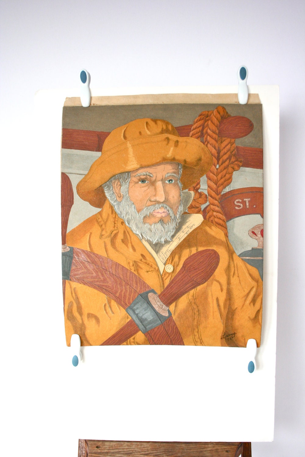 1970s Paint by Number Fabric Art Fisherman- Vintage Folk Art