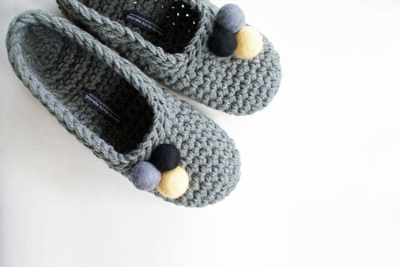 Grey Crochet Slippers With Hand Felted Pom Pom for Women