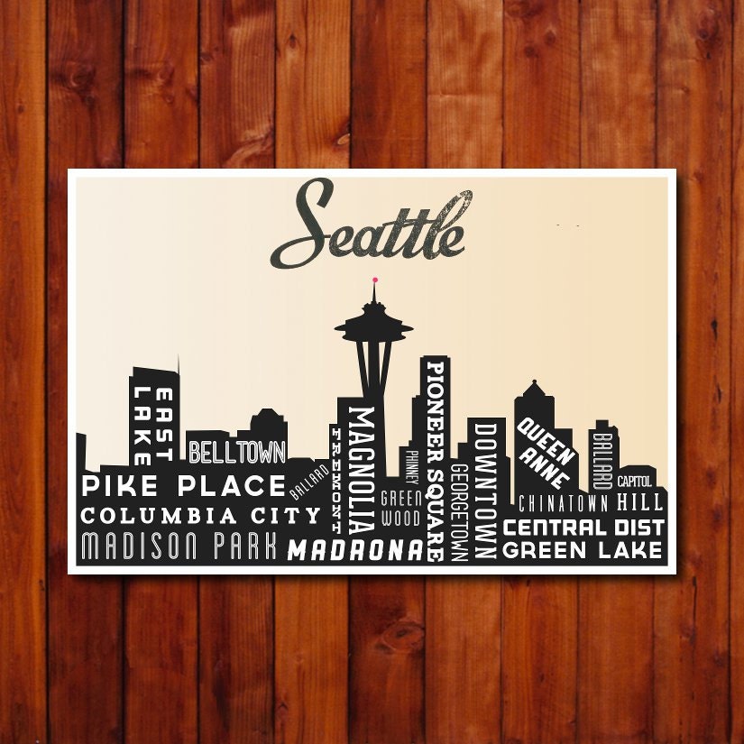Home Decor, Seattle Art, Modern Art Poster, Letterpress Style, Retro Print, Wall Decor, Minimalist Art, Black and White Print, 24x36