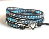 Silver blue Boho beaded leather wrap bracelet, 3x Wrap bracelet, Chan Luu Style, grey, blue, Bermuda blue, silver heart,