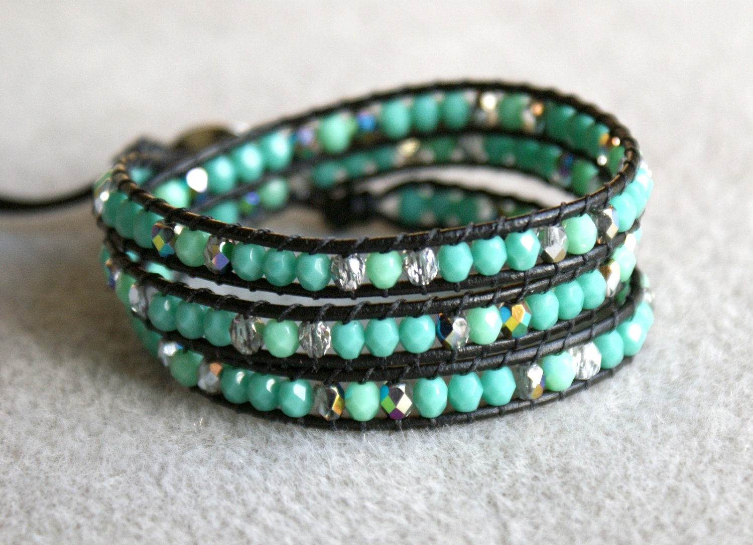 Turquoise bohemian beaded leather wrap bracelet, 3x Wrap bracelet, Chan Luu Style, blue, green, silver, trendy jewelry