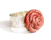 Pink Rose Ceramic Ring, pottery tile adjustable band