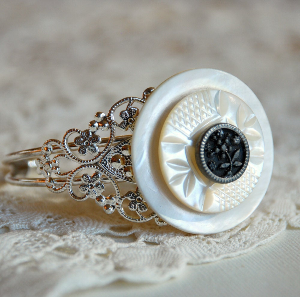Cuff Bracelet, vintage buttons and silver filigree, Wedding bracelet