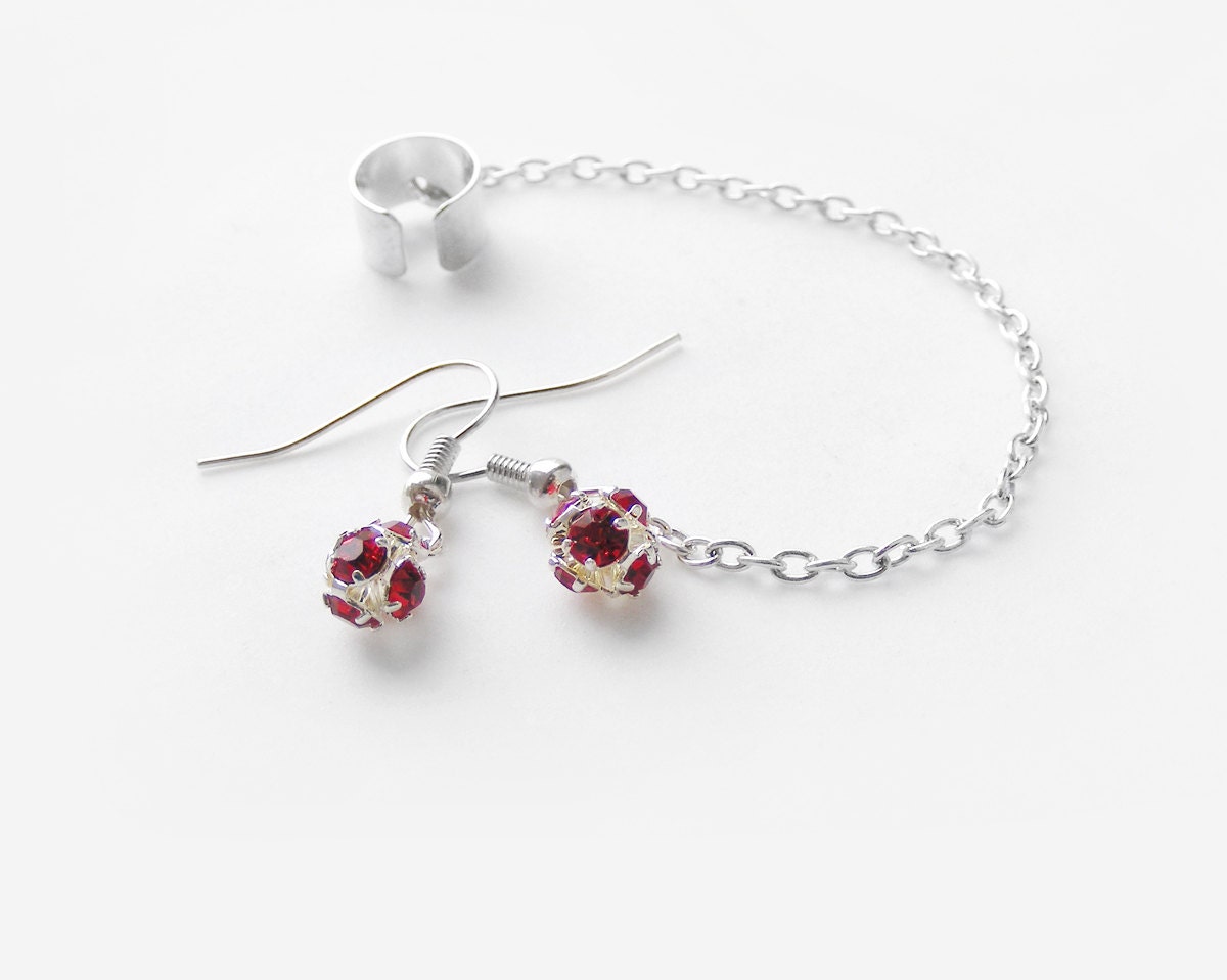 Red zirconia cartilage earring, ear cuff earring, cartilage cuff earrings hipster jewelry