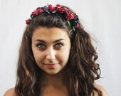 Red Rose Headband, Velvet Red Rose Crown, Magenta Red, Black and Metallic Gold. Winter Fashion, Valentines Day Headband
