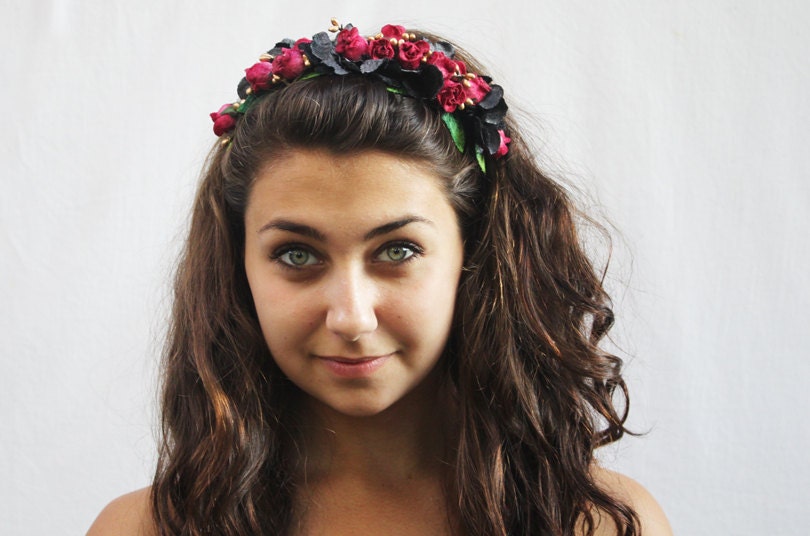 Red Rose Headband, Velvet Red Rose Crown, Magenta Red, Black and Metallic Gold. Winter Fashion, Valentines Day Headband