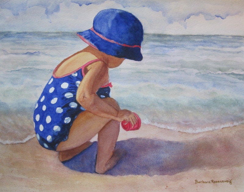 Beach Girl Child, BarbarSeashore Ocean Art Print, Etsy, Polka Dots, OOAK Reproduction of Original Watercolor Painting