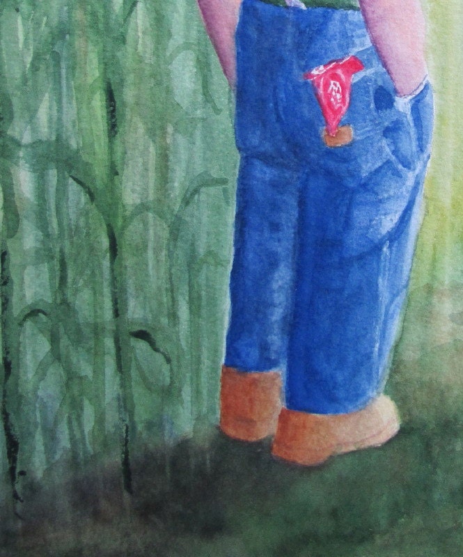 Boy Farmer, Barbara Rosenzweig, Art Print, Etsy, Reproduction of Original Watercolor Painting Autumn Cornfield