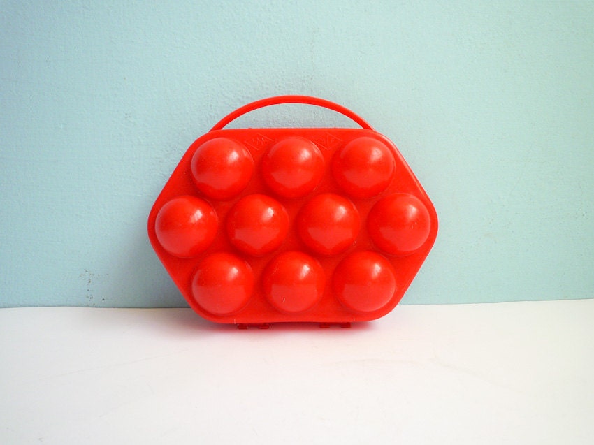 Vintage egg basket box tin red plastic ooak 10 eggs