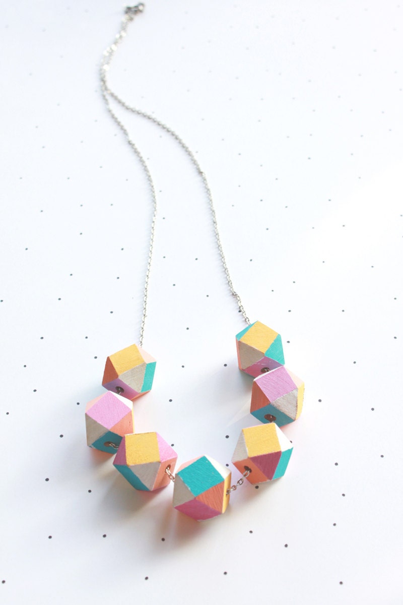 Pastel Wooden Geometric Faceted Beaded Necklace