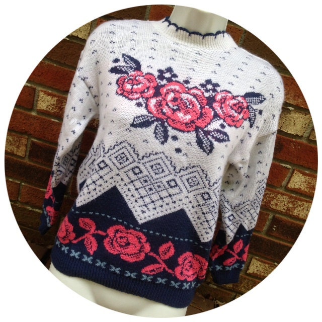 Vtg 80s Rose Pattern Cosby Shabby Chic Sweater