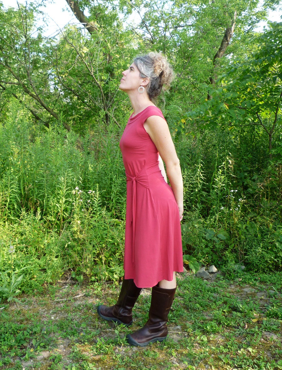 Organic Clothing - Boat Neck Midi Dress - Organic Cotton - Shown in Raspberry - Made to Order