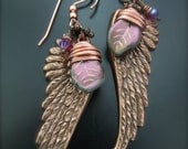 Steampunk Angel Flight Wings Copper Czech Glass Swarovski Earrings Copper Wire Wrap