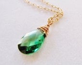 Necklace Rose Gold fancy chain green emerald cubic zirconia wirewrapped toggle clasp
