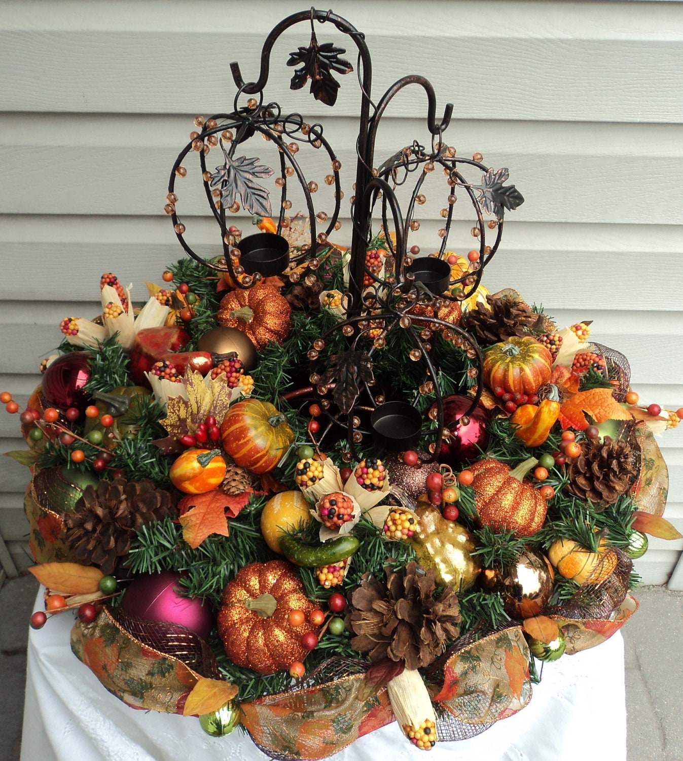 Fall Thanksgiving Centerpiece with Pumpkin Tealight Holder - ViennaSparkleWreaths