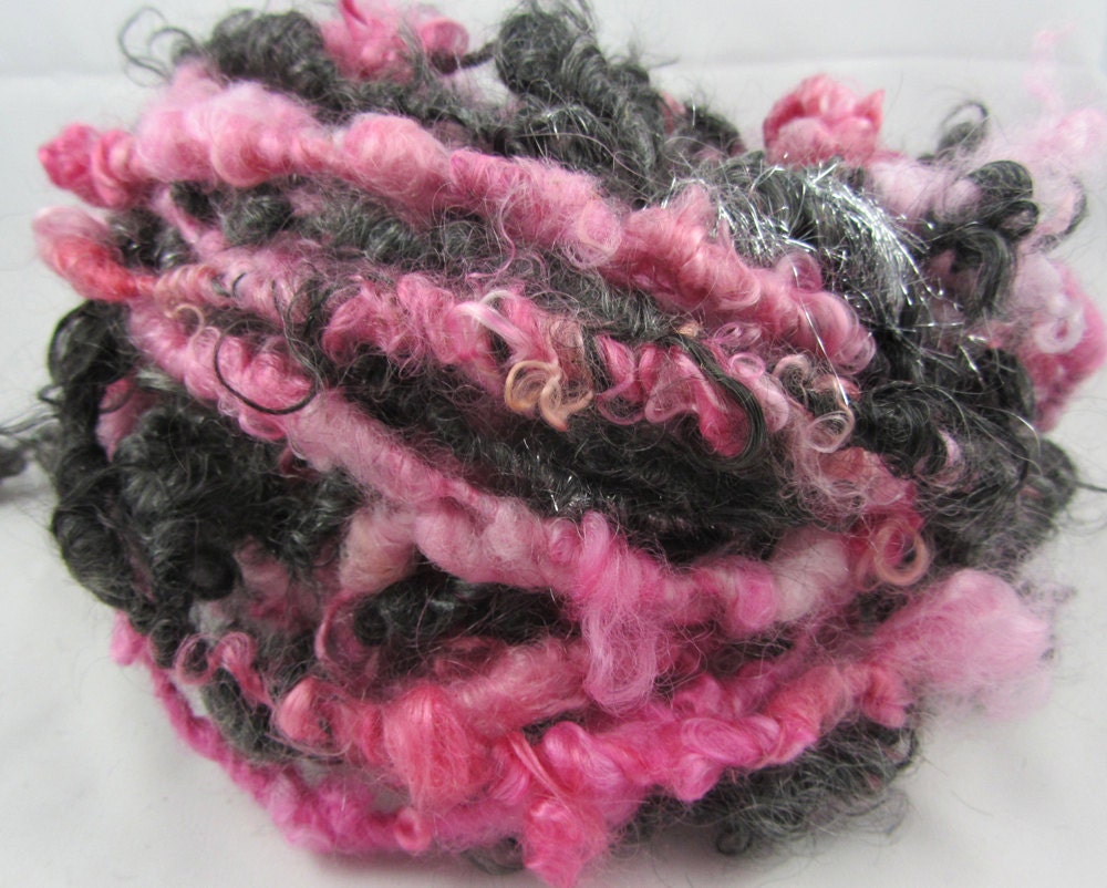 Handspun Yarn Charcoal and Hot Pink Mohair
